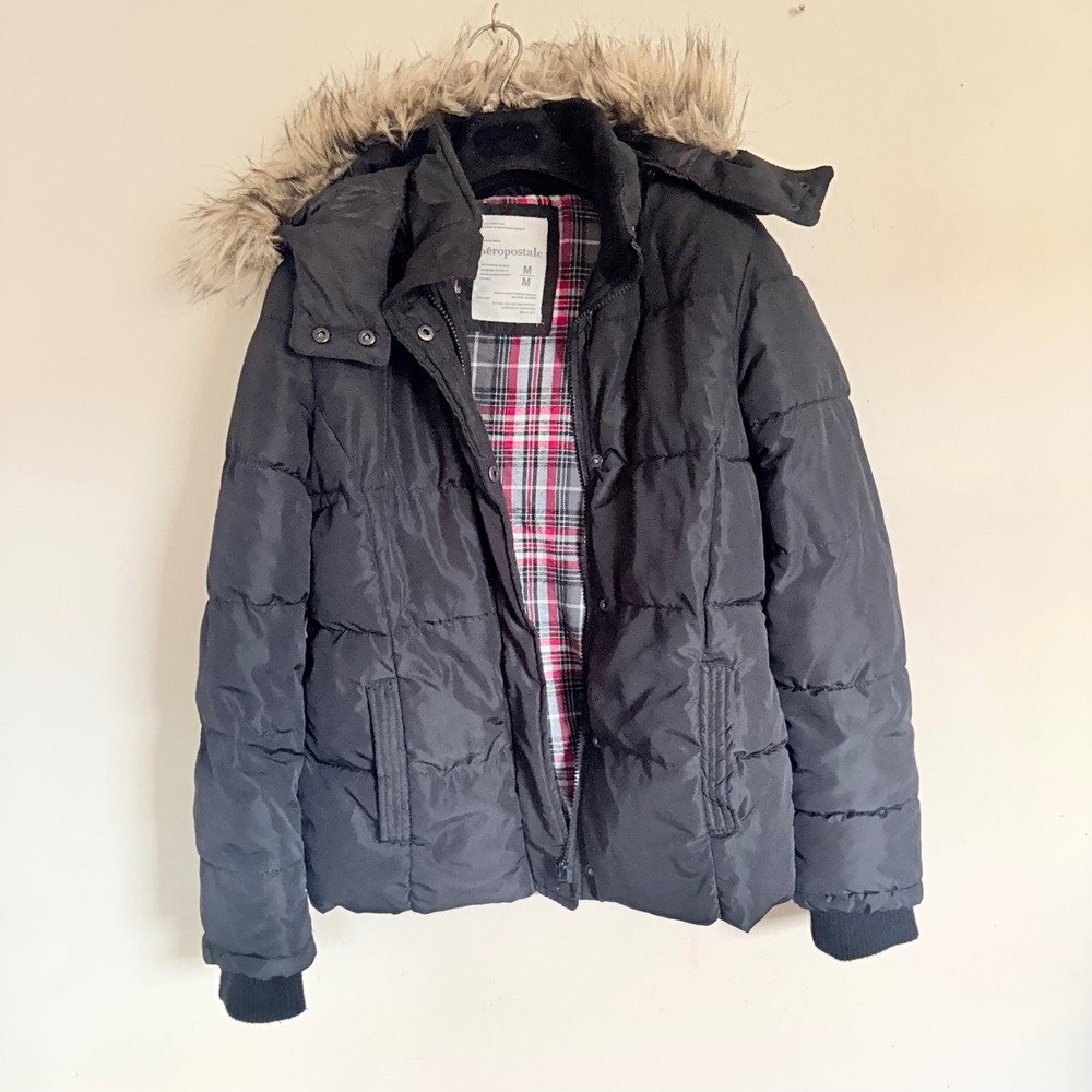 Aeropostale Black Puffer Jacket Faux Fur Hood Plaid Lining Medium y2k 2010